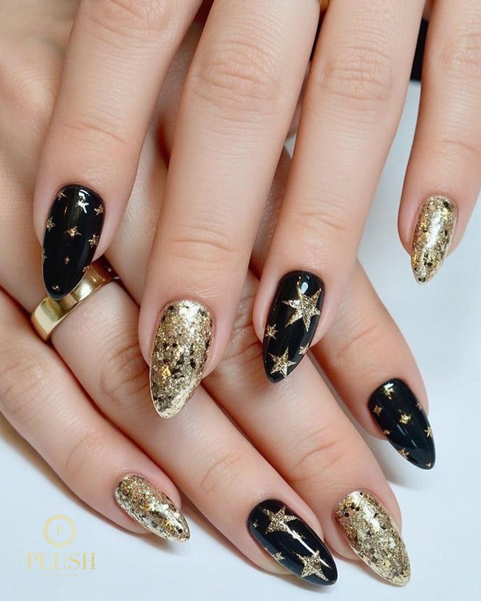 Black Gold Glitter Stars Nails Black Gold Glitter Stars Nails — New Years Nail Colors 2027