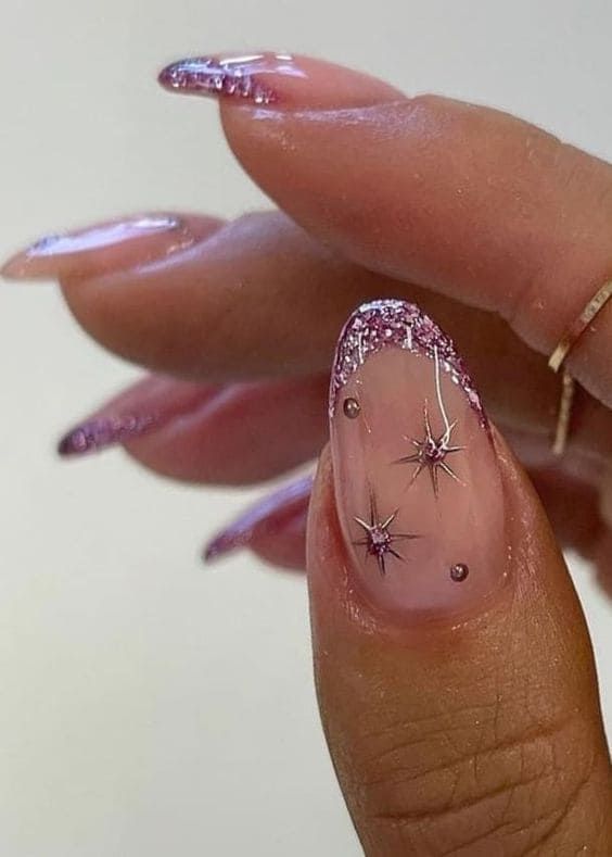 Pink Glitter French Star Embellished Almond Nails — New Years Almond Nails 2027