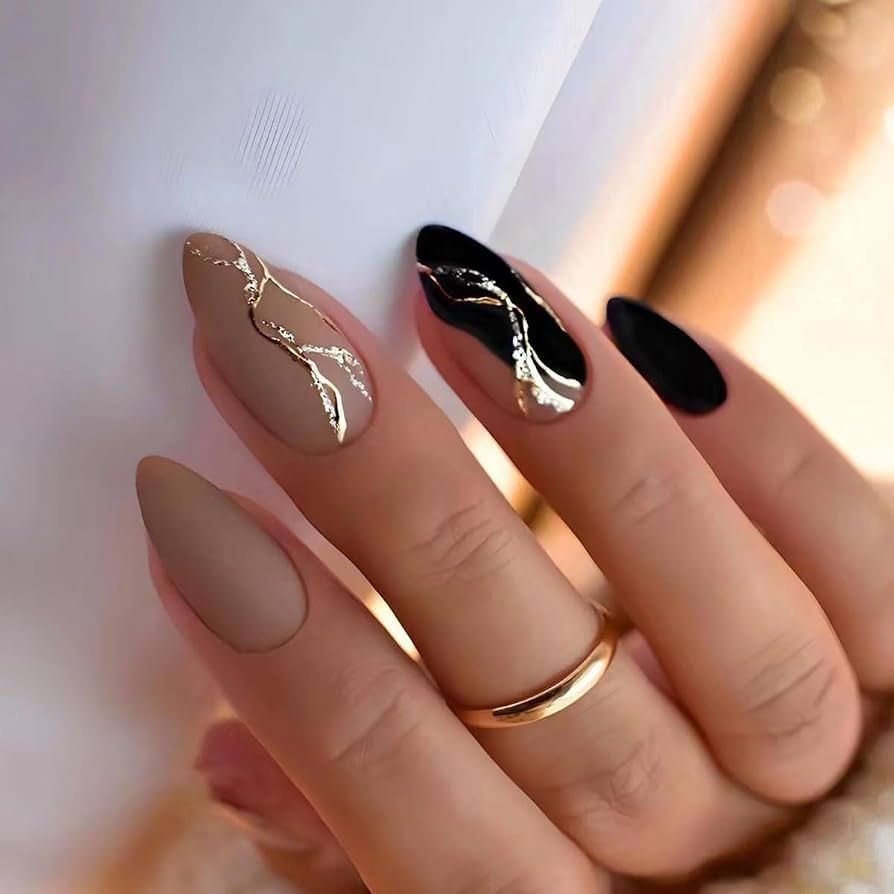Matte Black Gold Glitter Stripes Matte Black Gold Glitter Stripes — Medium Winter Almond Nails