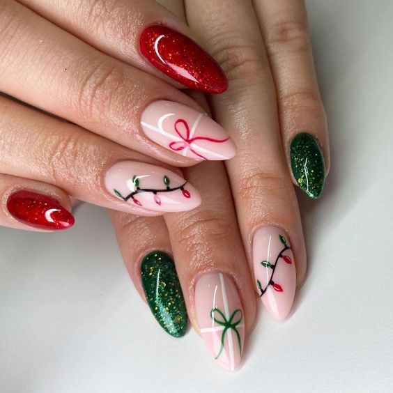 Glossy Red, Green Glitter, and Light Bow Nails Glossy Red, Green Glitter, and Light Bow Nails — Christmas Almond Nails 2026