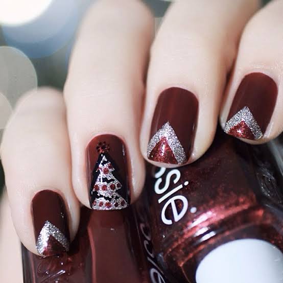 Matte Burgundy with Glitter Chevron and Tree Matte Burgundy with Glitter Chevron and Tree — Burgundy Christmas Nails 2026
