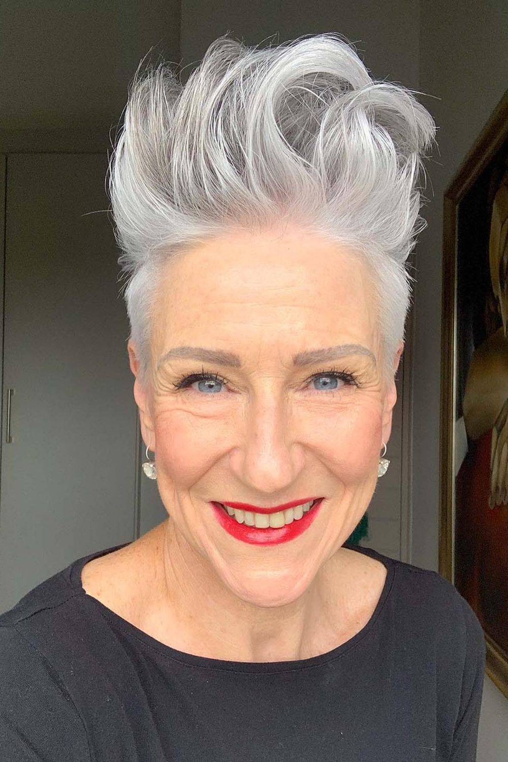 Voluminous Silver Pixie With Side Fringe Voluminous Silver Pixie With Side Fringe — Winter Haircuts for Women Over 60