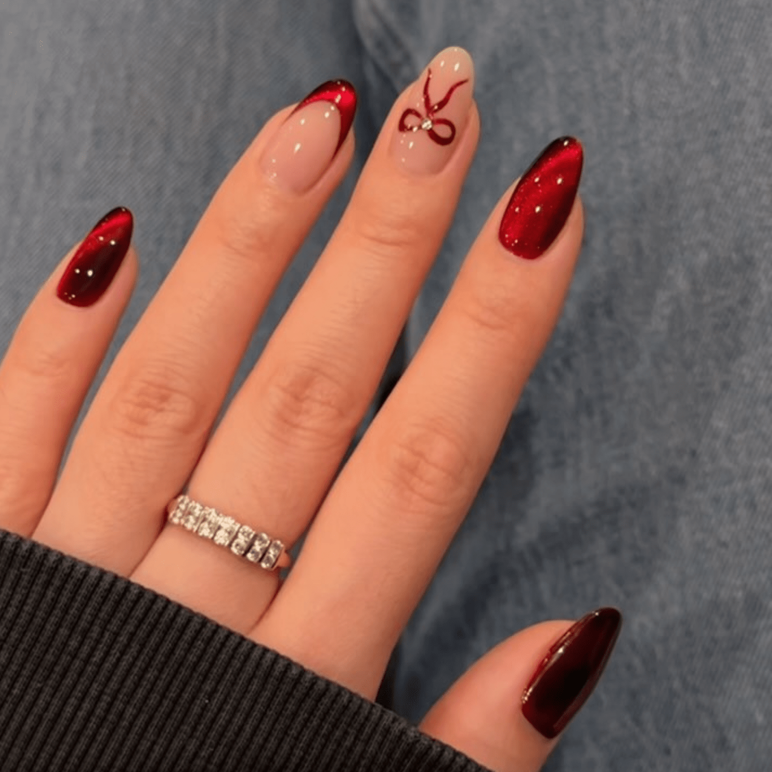 Deep Red French Tips with Cat-Eye Effect Deep Red French Tips with Cat-Eye Effect — Winter Birthday Nails
