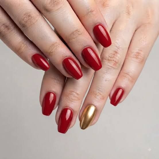 Deep Red Metallic Gold Accent Nails Deep Red Metallic Gold Accent Nails — Short Christmas Coffin Nails 2026