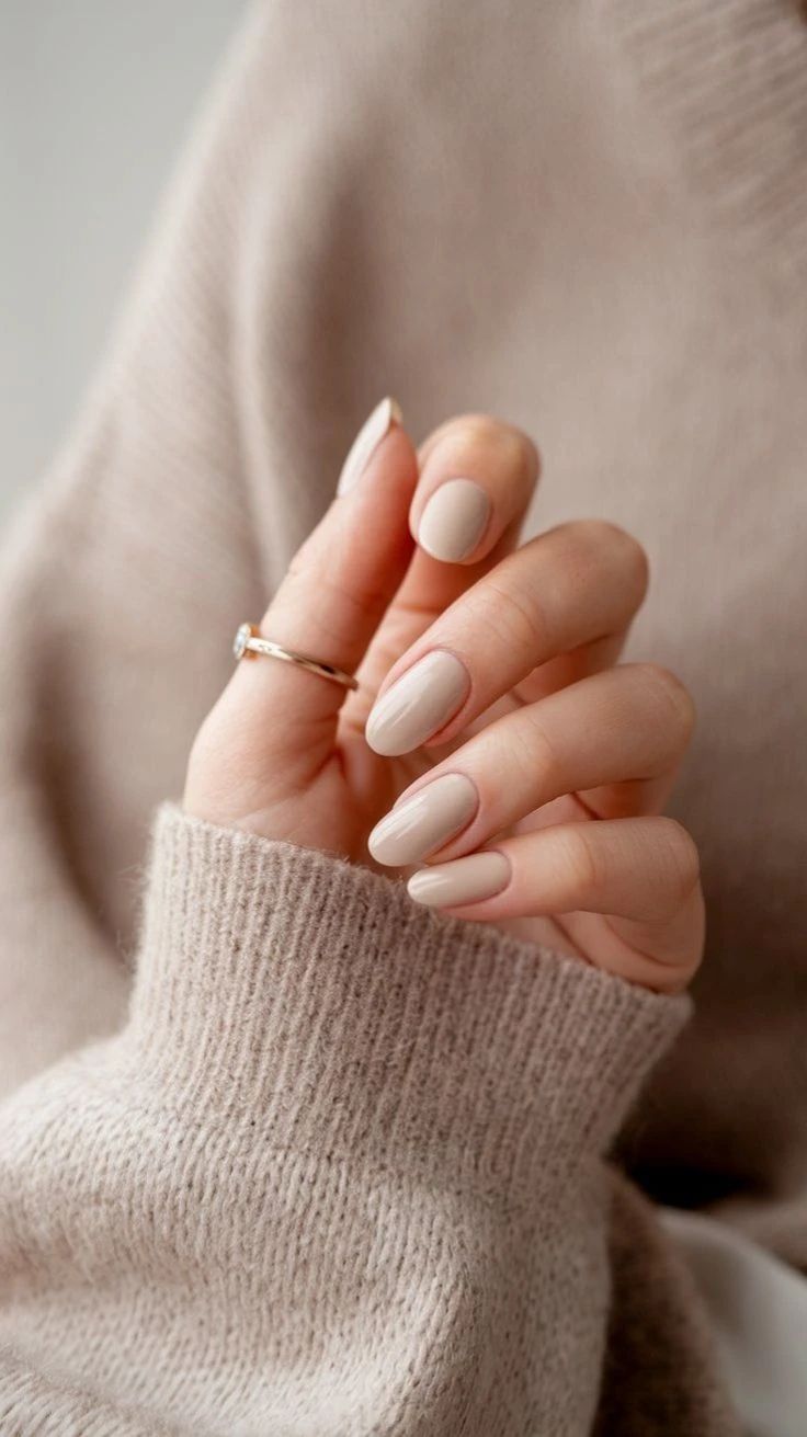 Medium Almond Creamy Beige — Winter Champagne Nails