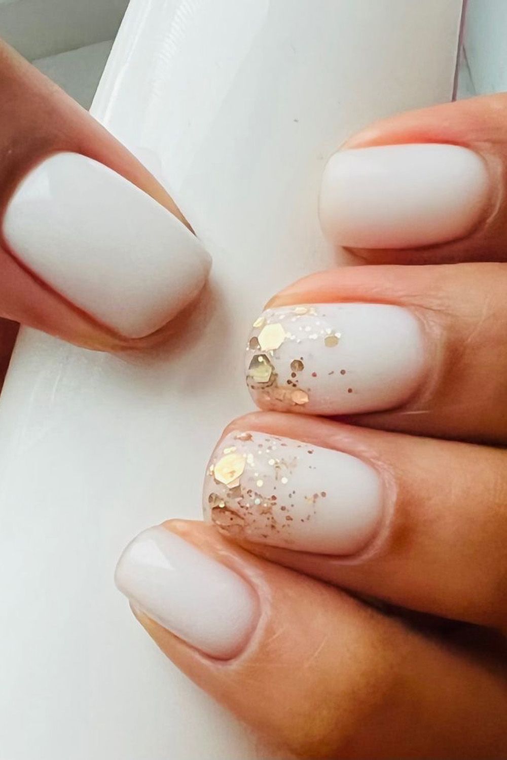 Opaque White With Gold Glitter Confetti Opaque White With Gold Glitter Confetti — Winter Wedding Guest Nails
