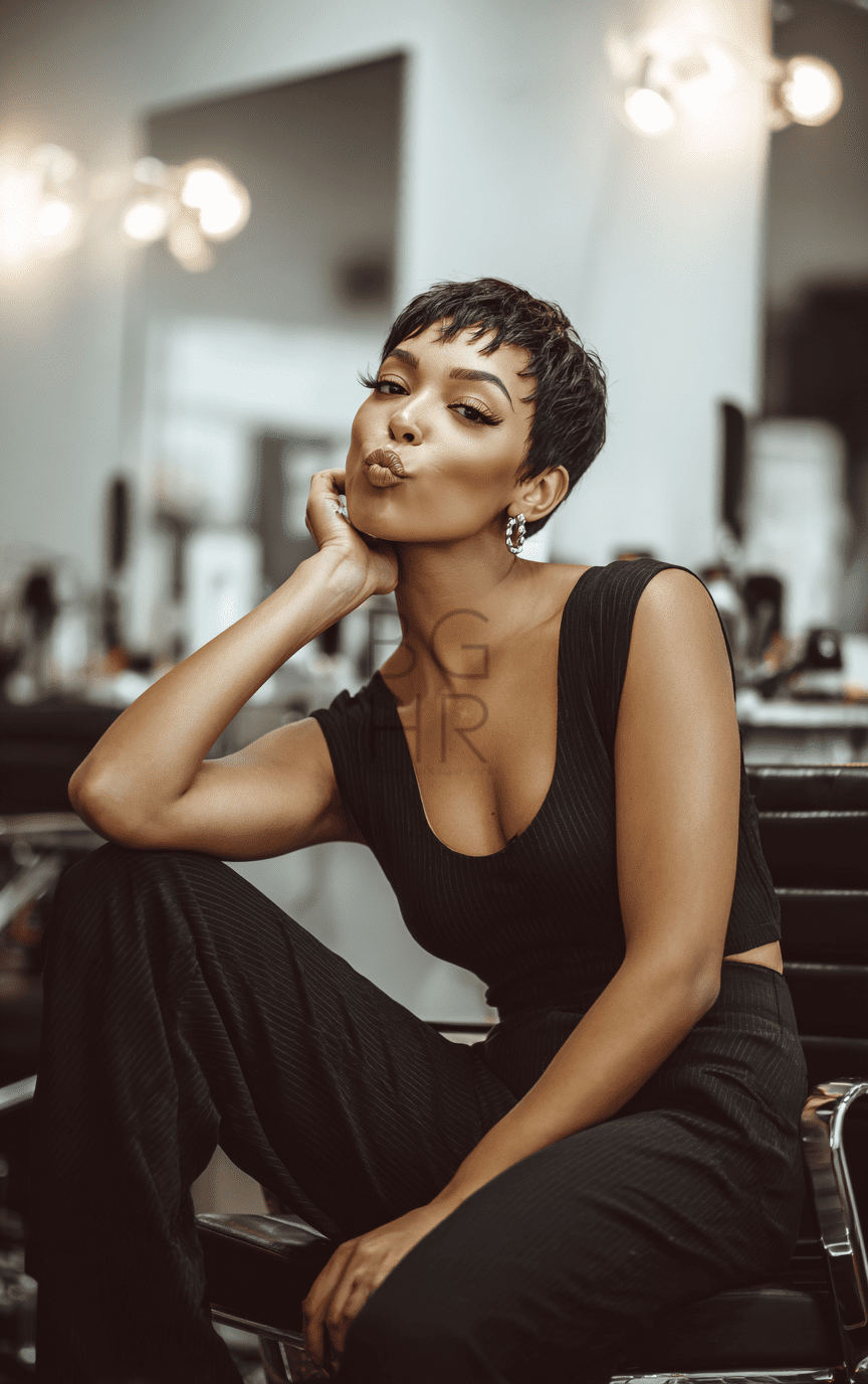 Sharp Angled Pixie With Slicked Bangs Sharp Angled Pixie With Slicked Bangs — Winter Haircuts for Black Women
