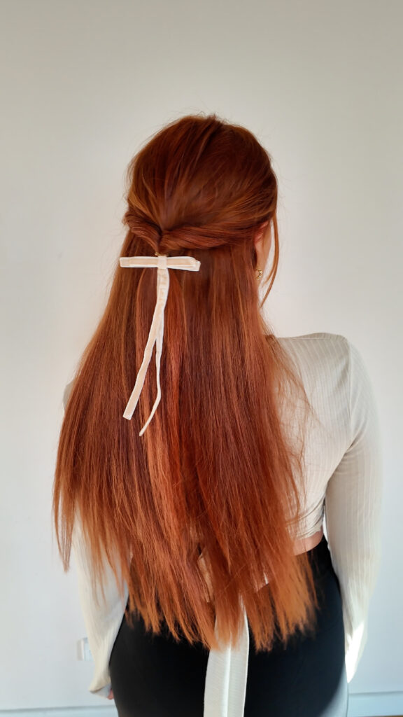 Auburn Straight Hair with Ribbon Accent Auburn Straight Hair with Ribbon Accent — Winter Half Up Half Down Hairstyles