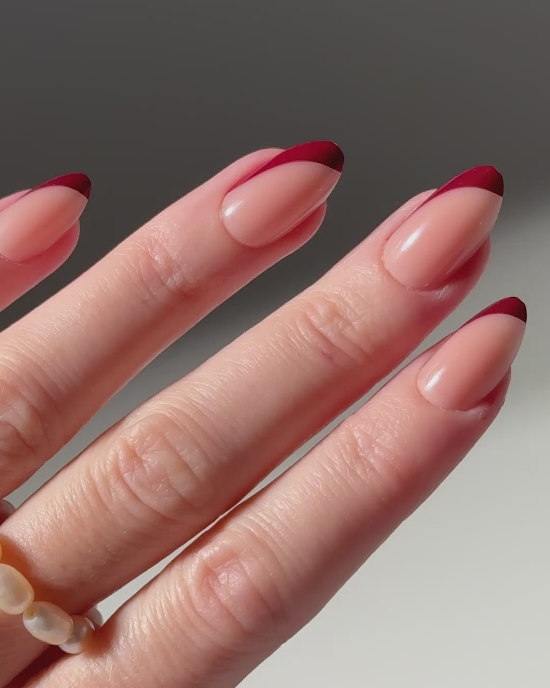 Sheer Pink Deep Red French Tips Sheer Pink Deep Red French Tips — Short Winter Almond Nails
