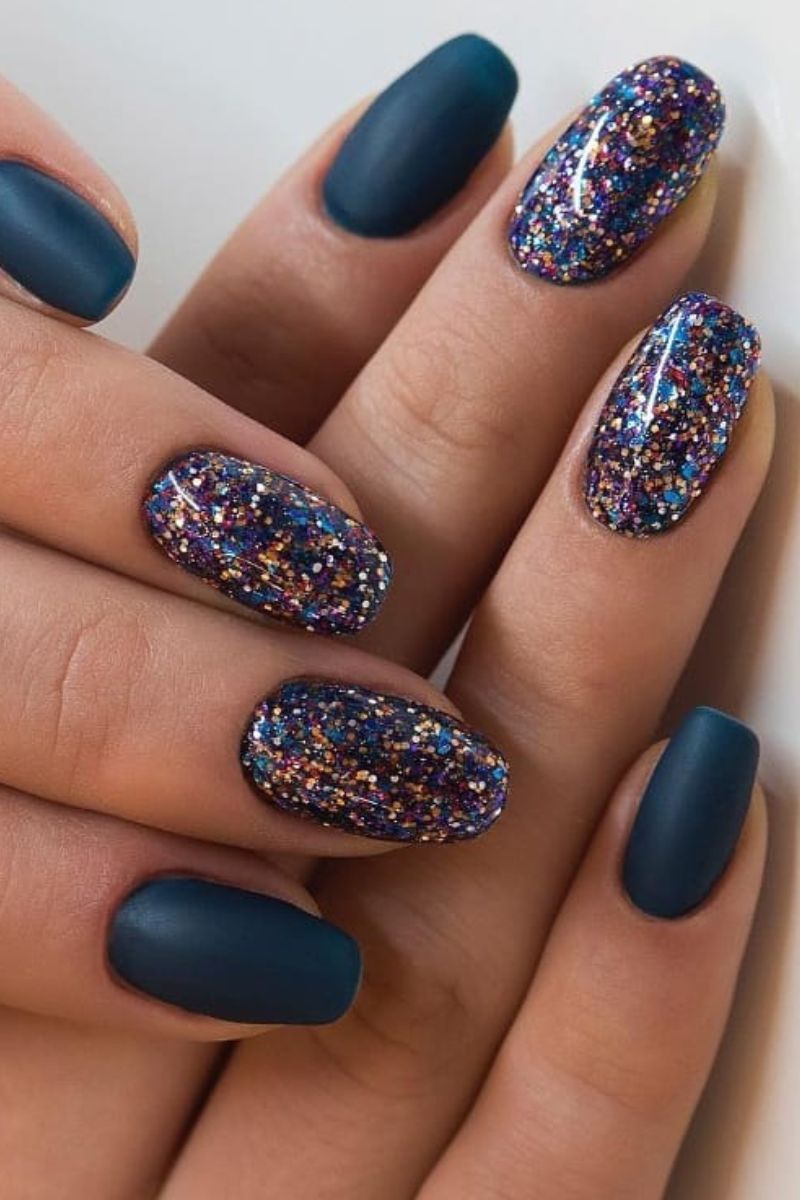 Matte Teal with Glitter Accent Nails Matte Teal with Glitter Accent Nails — Cozy Winter Nails