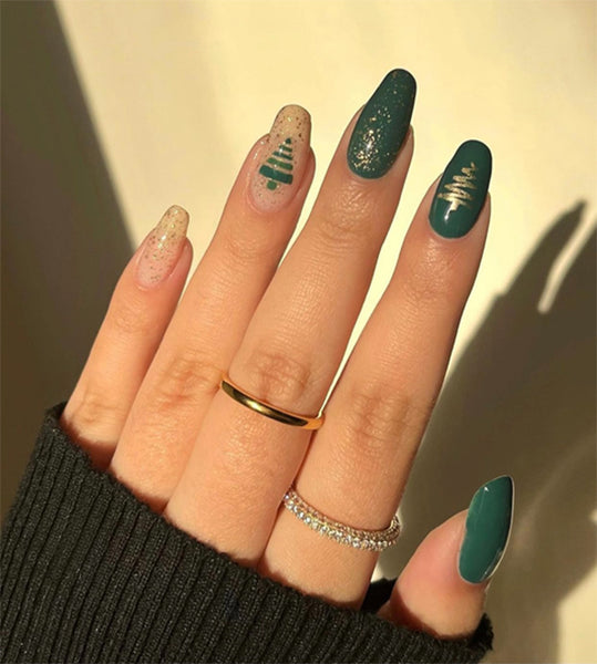 Stylized Christmas Tree Deep Green Almonds Stylized Christmas Tree Deep Green Almonds — Christmas Nail Trends 2026