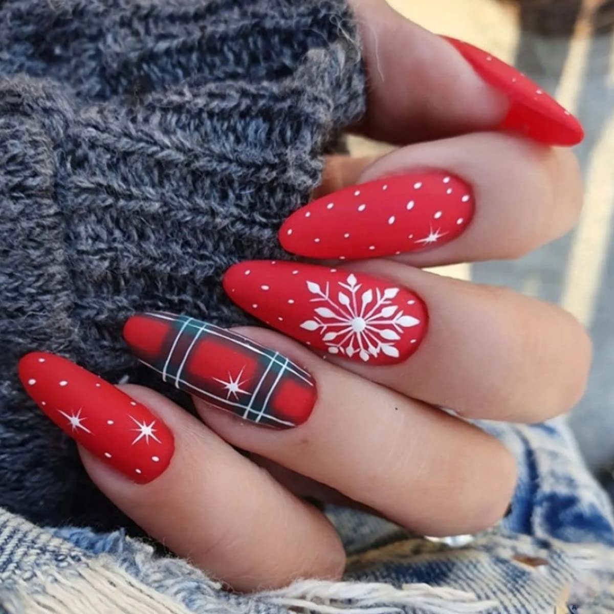 Matte Red Coffin with Festive Mix Matte Red Coffin with Festive Mix — Winter Plaid Nails