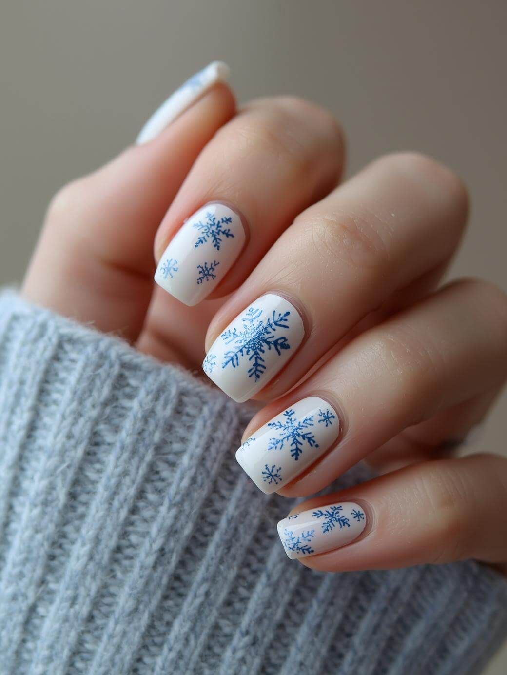 Short White Nails with Blue Snowflakes Short White Nails with Blue Snowflakes — Winter Nails for School