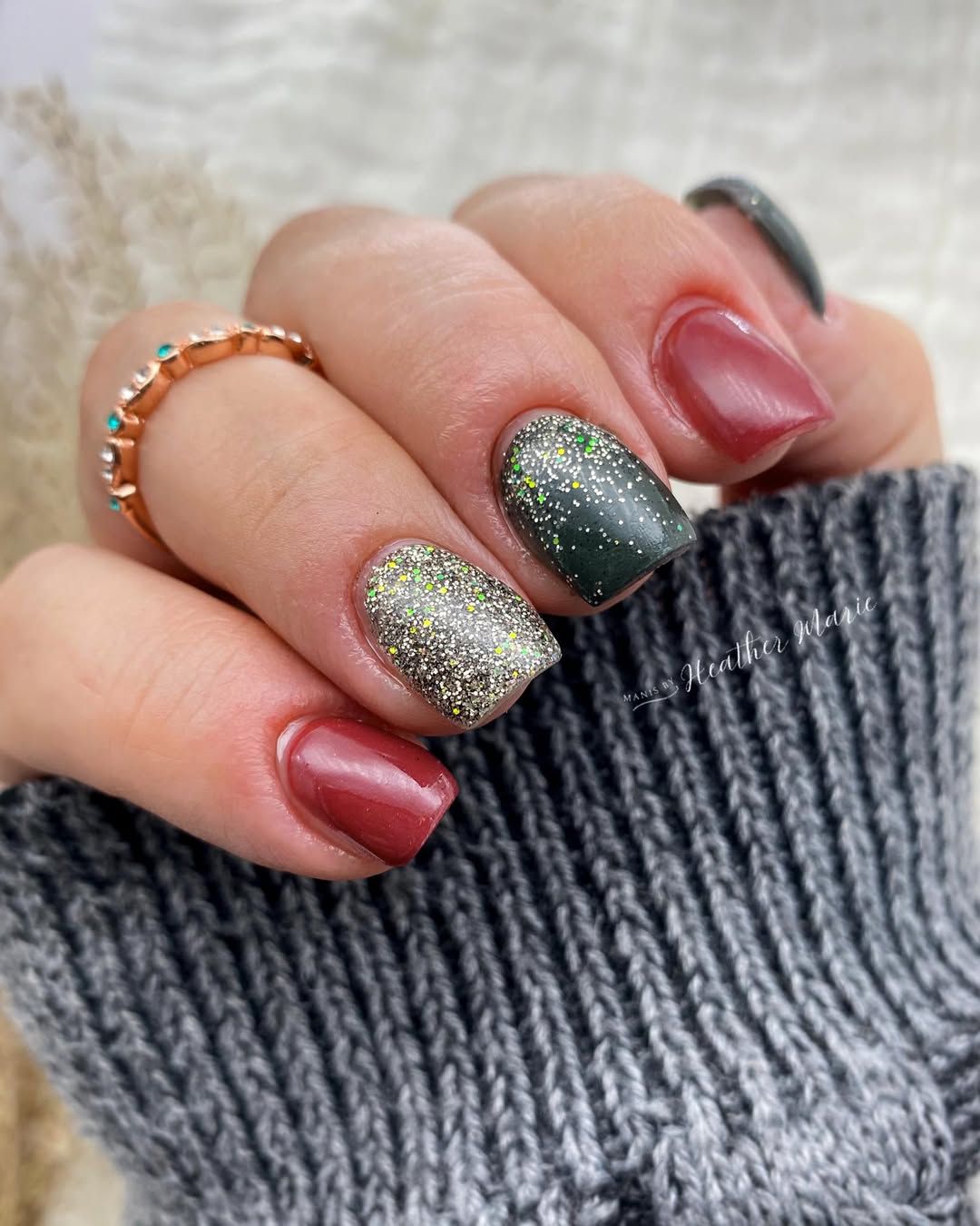 Matte Burgundy and Green Mix with Silver Glitter Matte Burgundy and Green Mix with Silver Glitter — Short Christmas Nails 2026