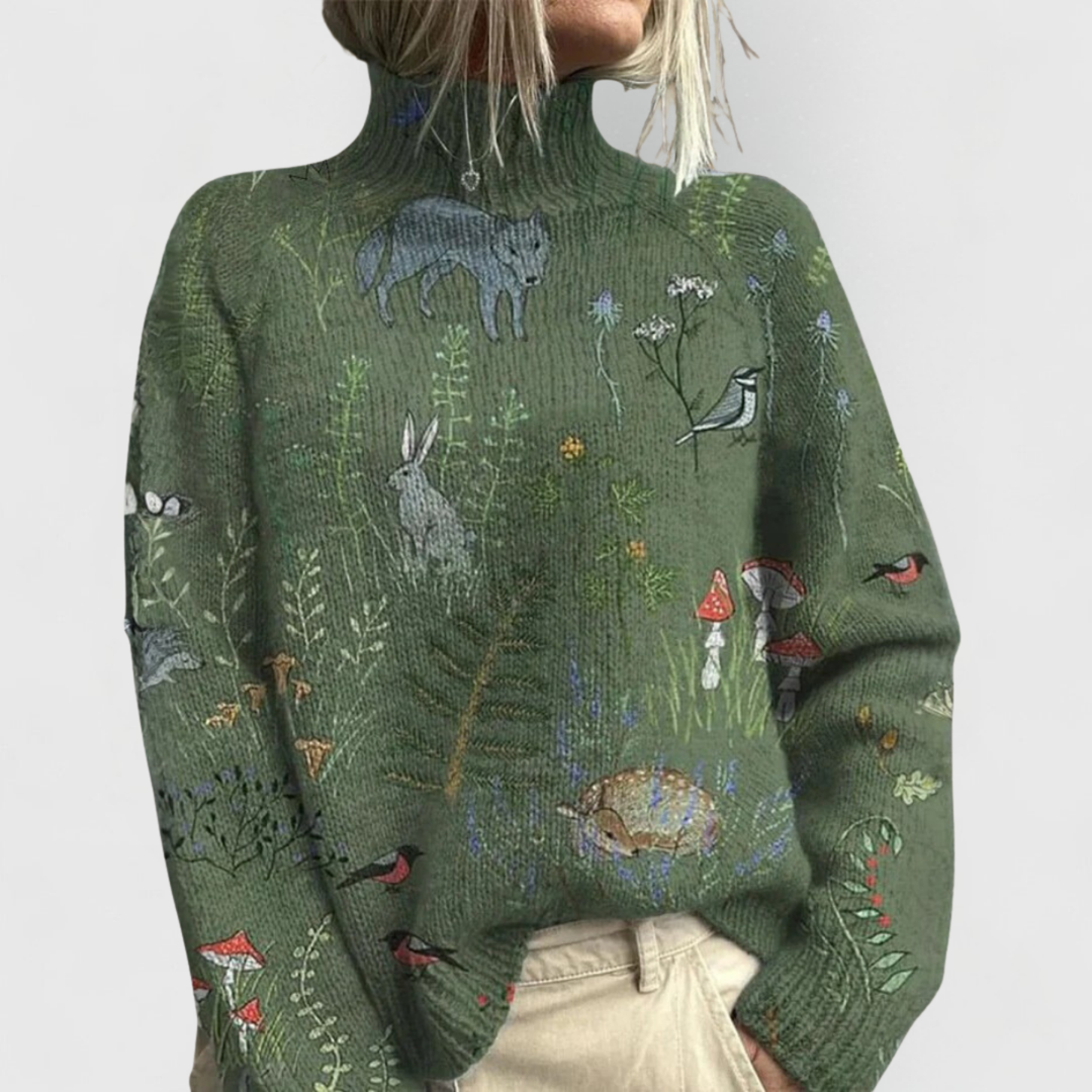 Nature-Printed Green Knit Turtleneck for a Cozy Statement Nature-Printed Green Knit Turtleneck for a Cozy Statement — Nashville Winter Outfits
