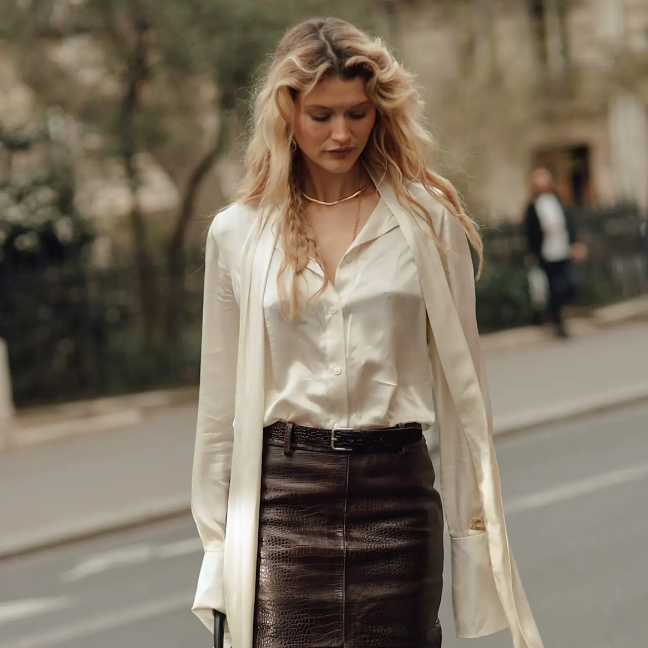 Textural Mix: Satin Blouse with Croc-Embossed Skirt — Fall to Winter Outfits