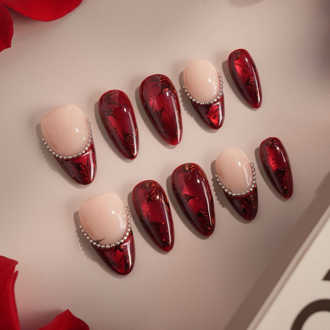Deep Red Marbled Rhinestone Cuticle Nails — Holiday Nail Colors 2026