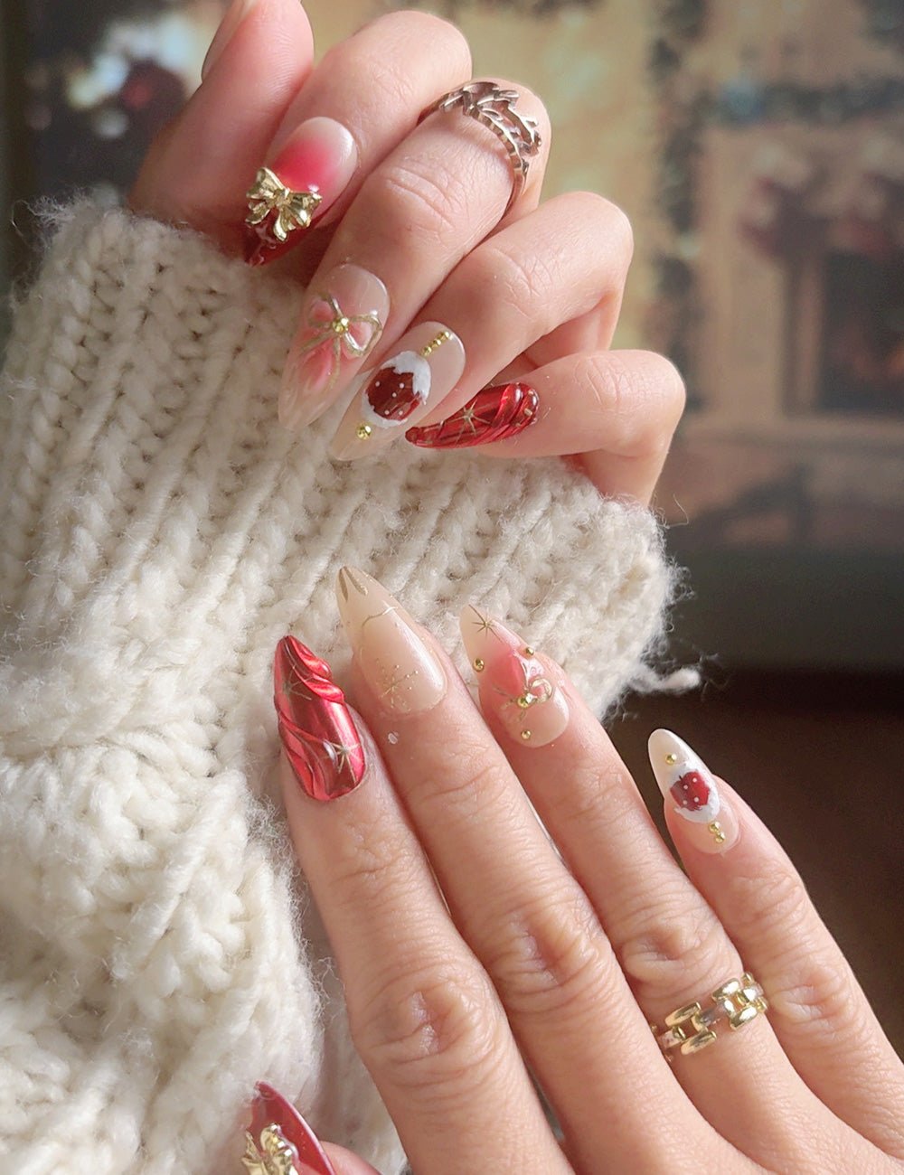 Festive Foil and Gem Stilettos Festive Foil and Gem Stilettos — Wine Christmas Nails 2026