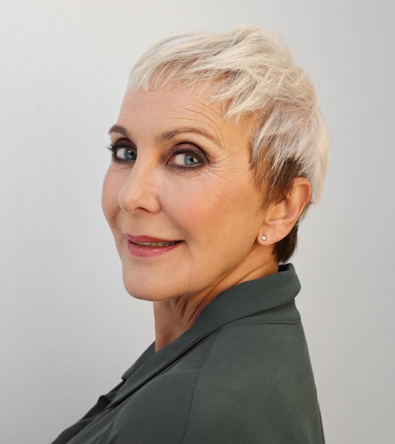 Platinum Pixie with Wispy Bangs Platinum Pixie with Wispy Bangs — Winter Hair Colors for Women Over 70