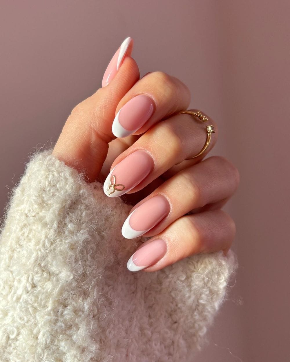 Classic French Gold Bow Charm Nails Classic French Gold Bow Charm Nails — Classy Short Winter Nails