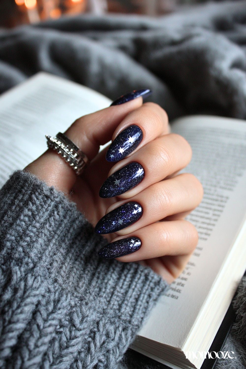 Deep Navy Stiletto with Star Glitter — Winter Nails for Teens