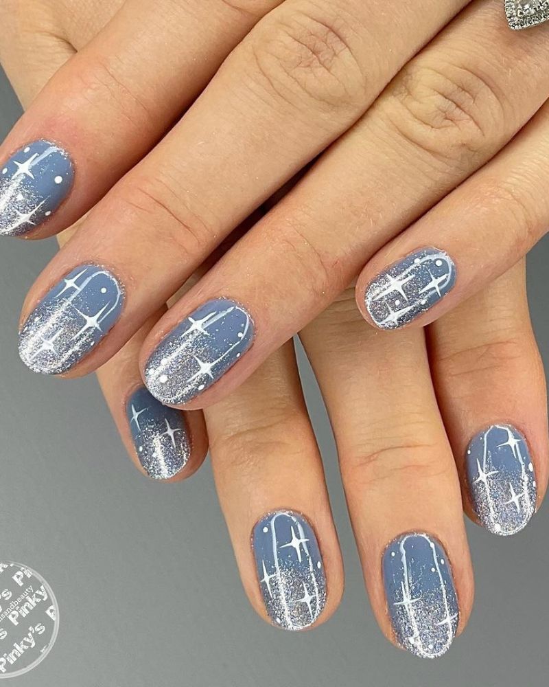 Dusty Blue with Star Dots and Glitter Gradient Dusty Blue with Star Dots and Glitter Gradient — Winter Nail Art Simple