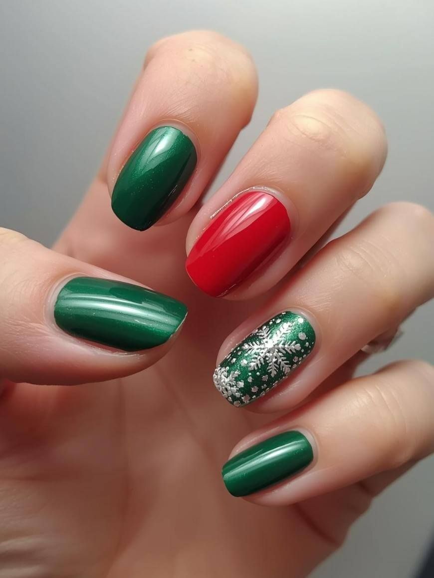 Emerald Green and Red Snowflake Accent Nails Emerald Green and Red Snowflake Accent Nails — Red and Green Christmas Nails 2026