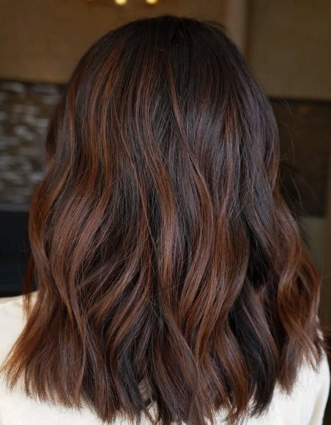 Dark Brown Lob with Cinnamon Lowlights Dark Brown Lob with Cinnamon Lowlights — Cinnamon Brown Hair