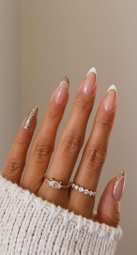Glossy And Glitter Gold Glitter Accent French Almond Nails — New Years Almond Nails 2027