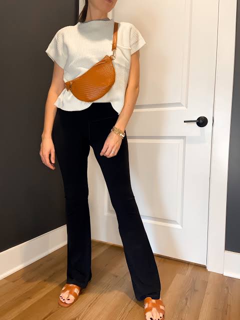 Textured T-Shirt and Bold Accessory Textured T-Shirt and Bold Accessory — Flare Leggings Outfits