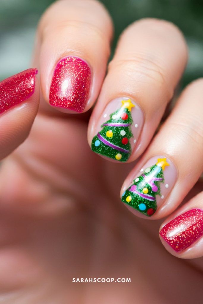 Glitter Glossy Glitter Red with Detailed Christmas Trees Glitter Glossy Glitter Red with Detailed Christmas Trees — Christmas Nails for Kids 2026