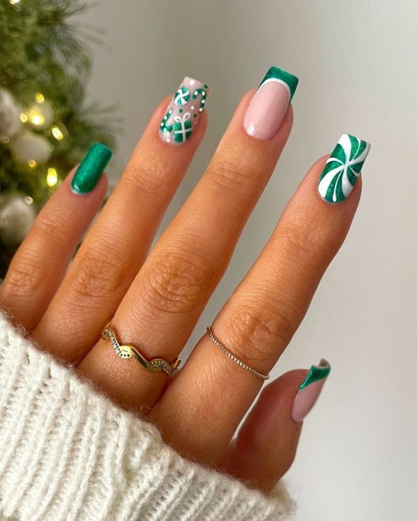 Green Peppermint Swirl and Gift Box Nails Green Peppermint Swirl and Gift Box Nails — Christmas Nail Designs 2026