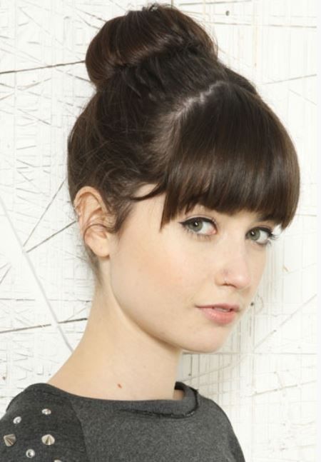 Sleek Top Knot With Blunt Bangs — Winter Hairstyles with Bangs