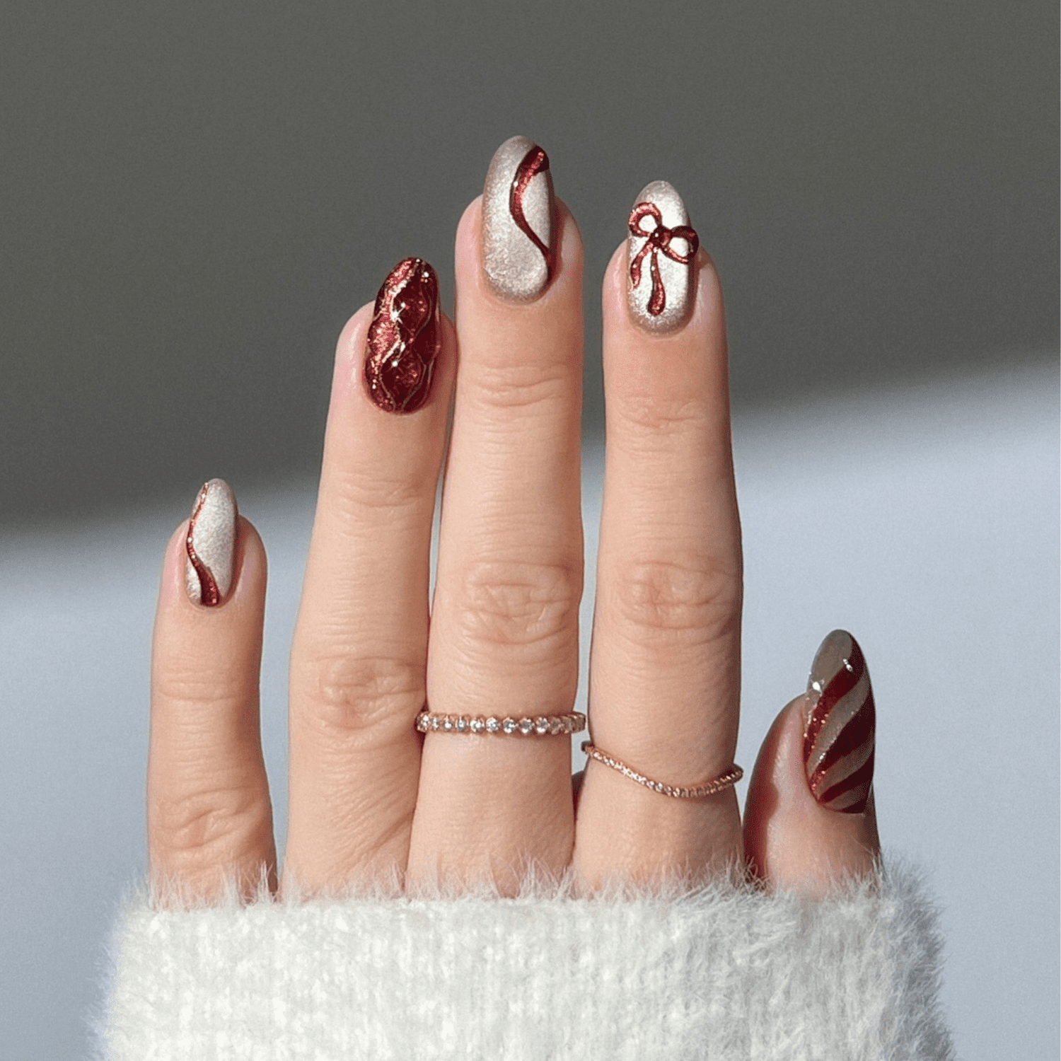 Creamy Beige Metallic Red Gold Almond Nails Creamy Beige Metallic Red Gold Almond Nails — Baddie Winter Nails