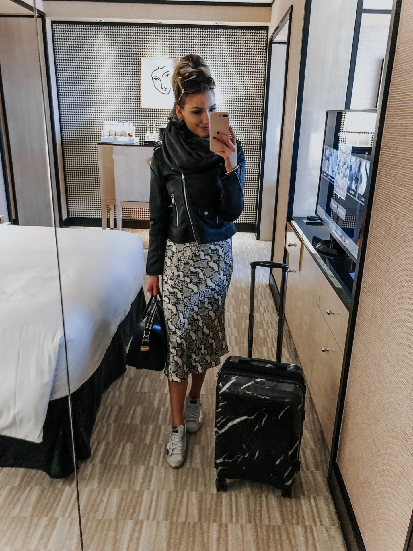Moto Jacket and Snake Print Skirt for Travel Chic — Las Vegas Winter Outfits