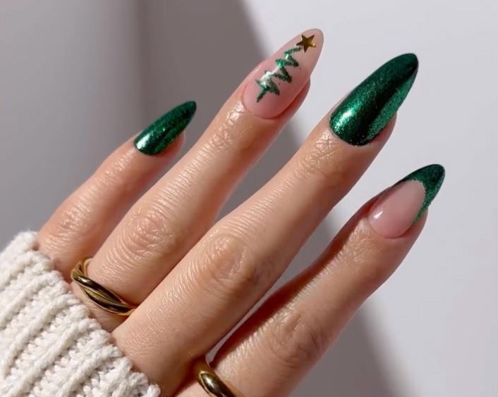 Metallic Green French Tip Christmas Tree Nails Metallic Green French Tip Christmas Tree Nails — Christmas Gel Nails 2026