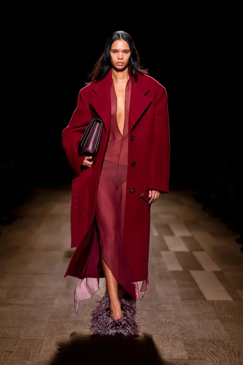 Dramatic Red: Wool Coat with Feather-Trimmed Heels — Fall to Winter Outfits