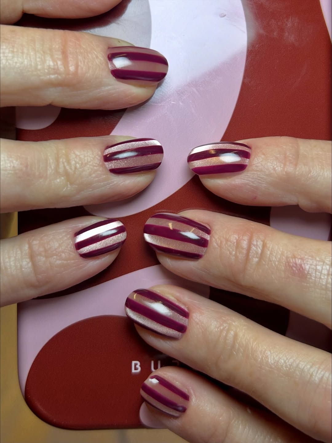 Plum Rose Gold Nude Stripe Glossy Nails Plum Rose Gold Nude Stripe Glossy Nails — Classy Short Winter Nails