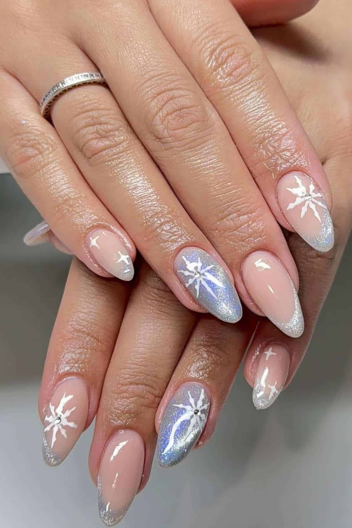Nude and Silver Glitter with Snowflakes Nude and Silver Glitter with Snowflakes — Winter Nail Trends