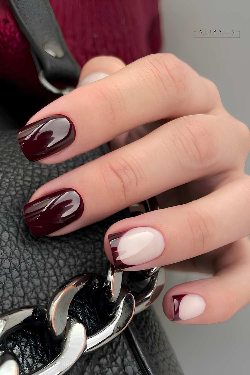Deep Burgundy Rhinestone Accent Oval Nails Deep Burgundy Rhinestone Accent Oval Nails — Winter Date Night Nails