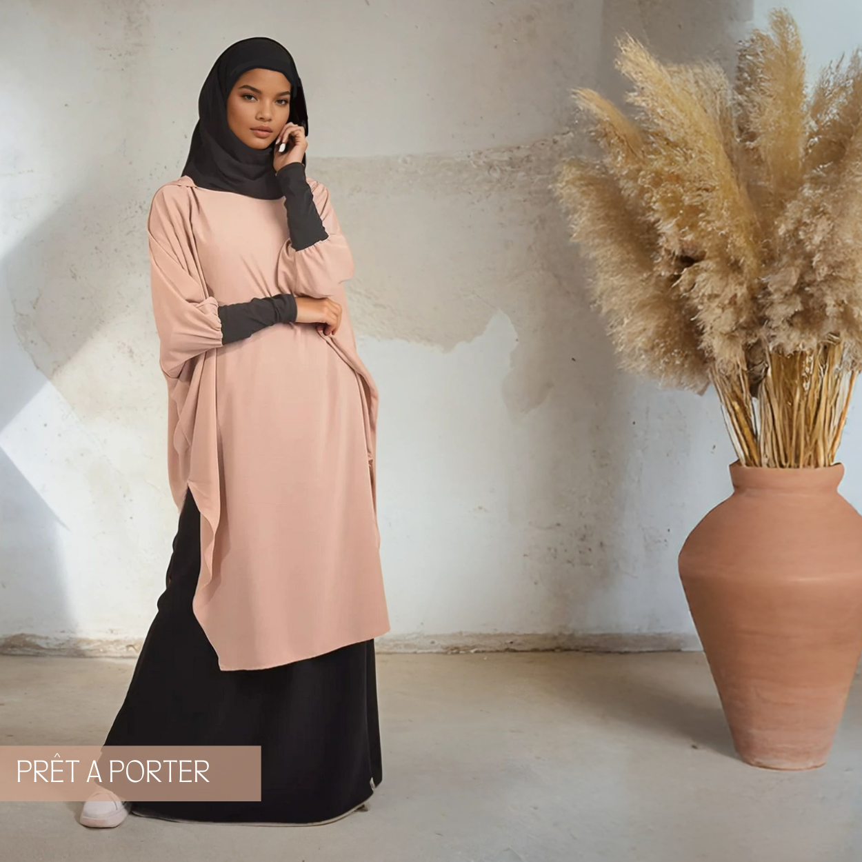 Oversized Blush Pink Kaftan Over Black and Grey Oversized Blush Pink Kaftan Over Black and Grey — Modest Winter Outfits