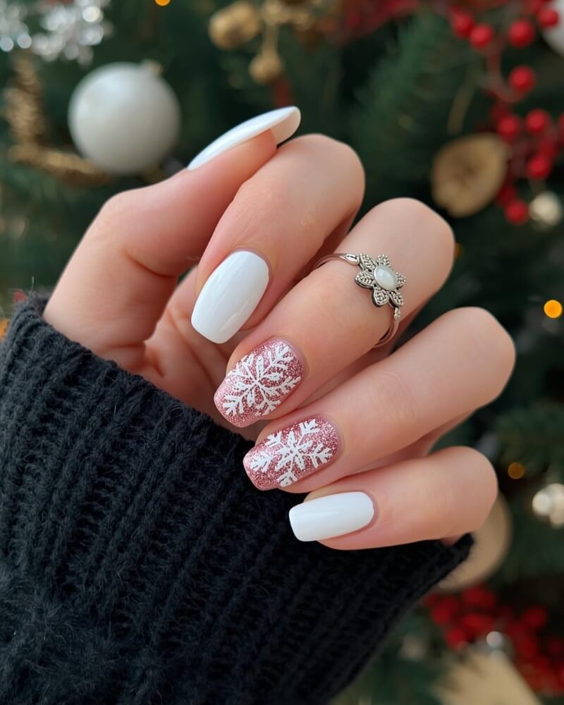 Snowflake Rose Gold Glitter Oval Nails Snowflake Rose Gold Glitter Oval Nails — Christmas Nail Trends 2026