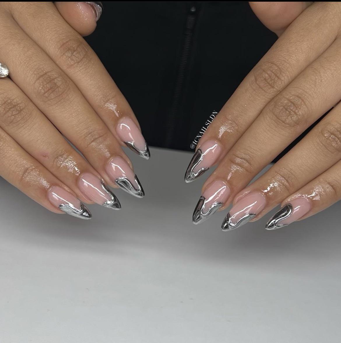 Abstract Silver Chrome Accents on Nude Abstract Silver Chrome Accents on Nude — Silver Chrome Nails