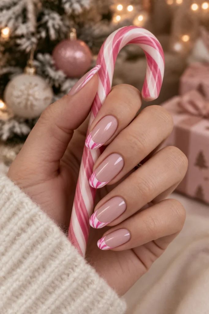 Medium Almond Pink And White Candy Cane Tips Medium Almond Pink And White Candy Cane Tips — Minimalist Christmas Nails 2026