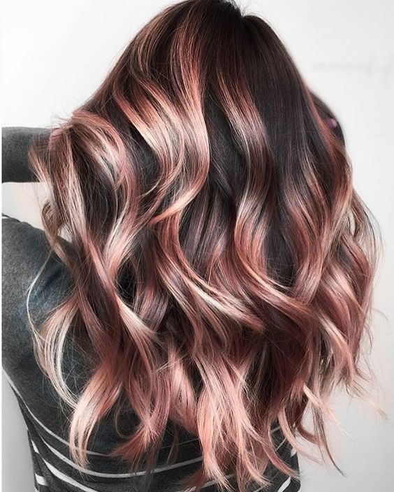 Dark Brown with Rose Gold Highlights Dark Brown with Rose Gold Highlights — Winter Ombre Hair