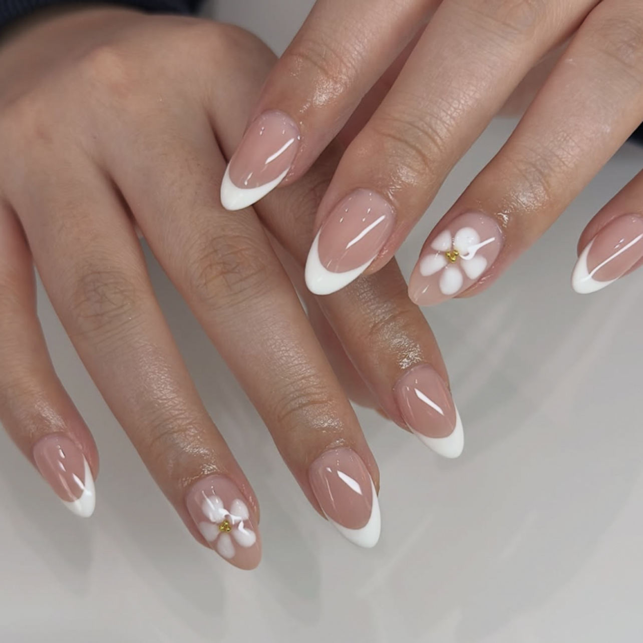 Nude French Floral Accent Nails Nude French Floral Accent Nails — Winter Wedding Nails