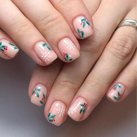 Red White Candy Cane Glitter Snowflake Nails — Short Christmas Square Nails 2026
