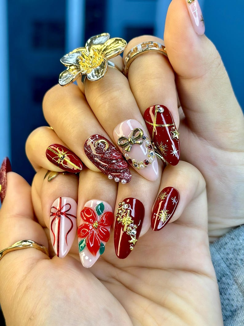 Dark Red Oval Nails With 3D Bows Dark Red Oval Nails With 3D Bows — New Years Press On Nails 2027