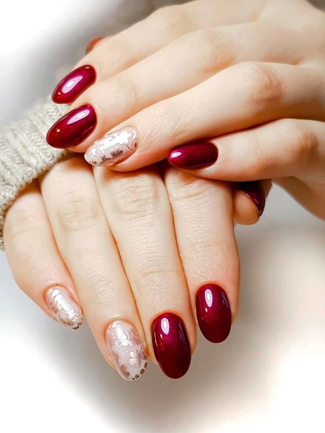 Burgundy Ovals with Silver Floral Accents Burgundy Ovals with Silver Floral Accents — Burgundy Christmas Nails 2026