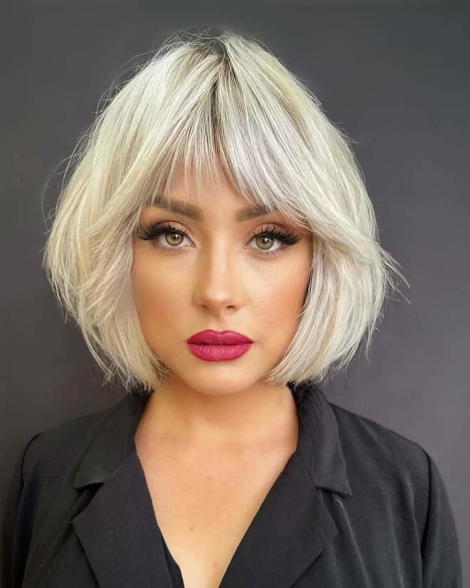 Platinum Bob with Blunt Bangs Platinum Bob with Blunt Bangs — Winter Haircuts for Thin Hair